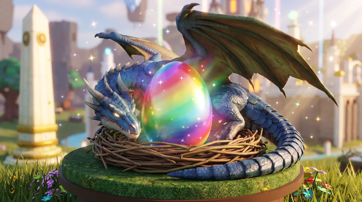 A blue dragon curled protectively around a glowing rainbow egg